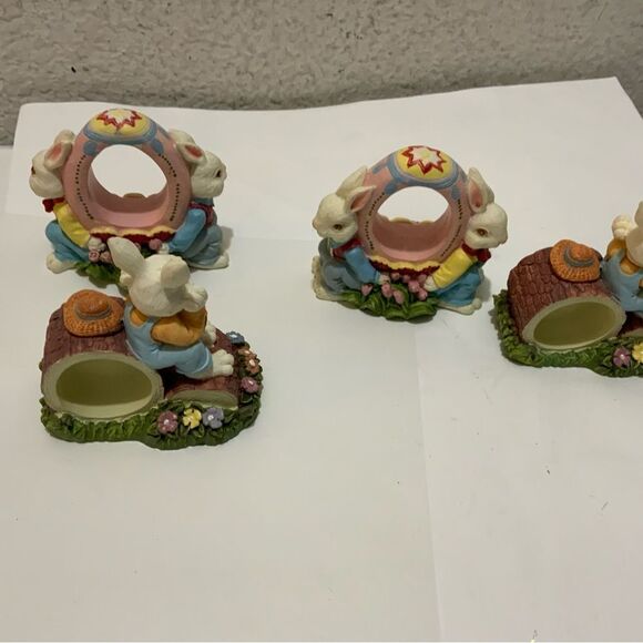 Set of 4 Easter Napkin Ring Holders Bunny Rabbit Sitting on Log Spring Resin G17 - Picture 2 of 8